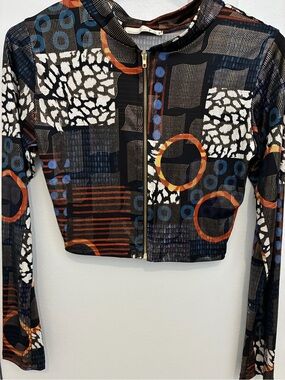 POP Multicolor Printed Crop Top Zip - Black, Orange, Blue, White